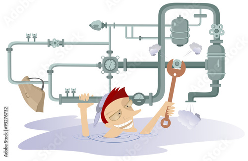 Comic mechanic hardly tightens the bolt and repairs pipe construction