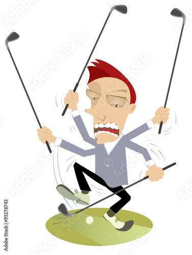 Super golfer is playing golf by many clubs 