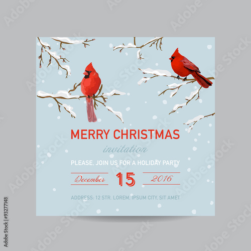Christmas Invitation Card - Winter Birds in Watercolor Style