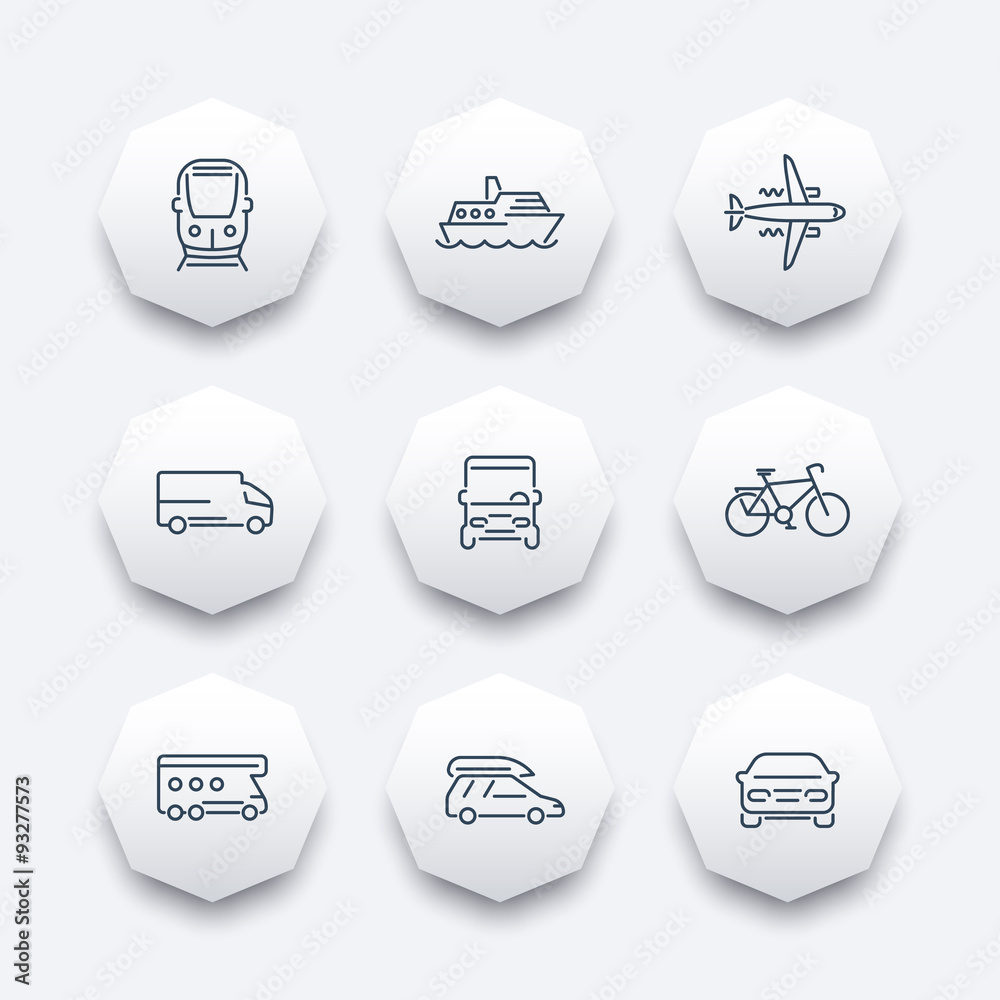 Transport, car, van, minivan, bus, train, airplane line octagon icons,  vector illustration Stock Vector | Adobe Stock