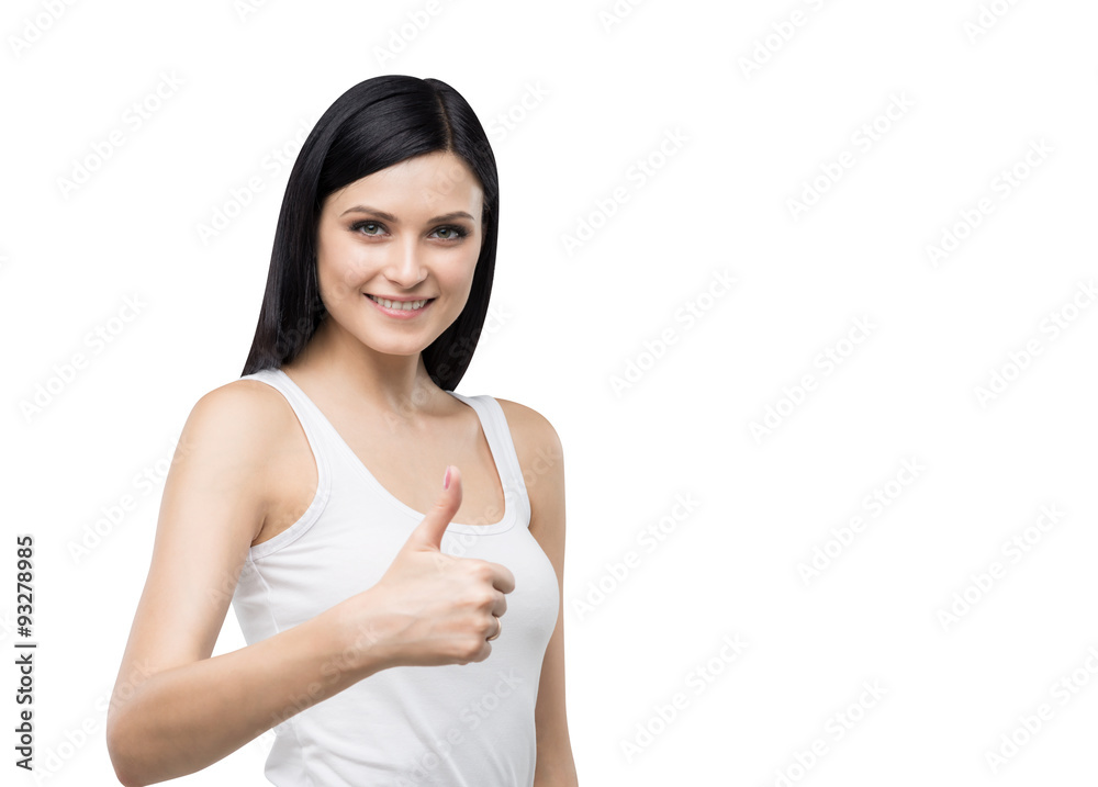 Beautiful brunette smiling woman with thumb up gesture. Isolated on white background. Beautiful brunette smiling woman with thumb up gesture. Isolated on white background.