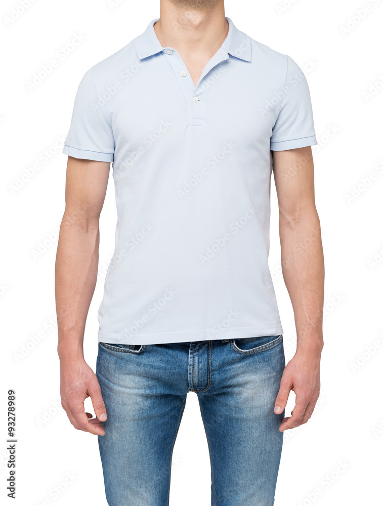 Front view of a man in a light blue polo shirt and denims. isolated on white background. Front view of a man in a light blue polo shirt and denims. isolated on white background.