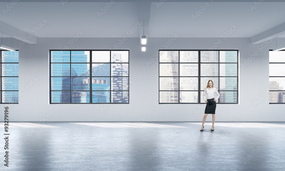 Front view of a full length woman in formal clothes who stands in a modern loft open space. Singapore panoramic view. Front view of a full length woman in formal clothes who stands in a modern loft open space. Singapore panoramic view.