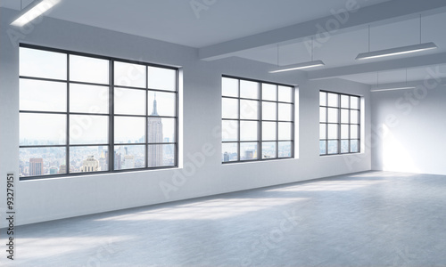 Modern bright clean interior of a loft style open space. Huge windows and white walls. New York panoramic city view. 3D rendering.