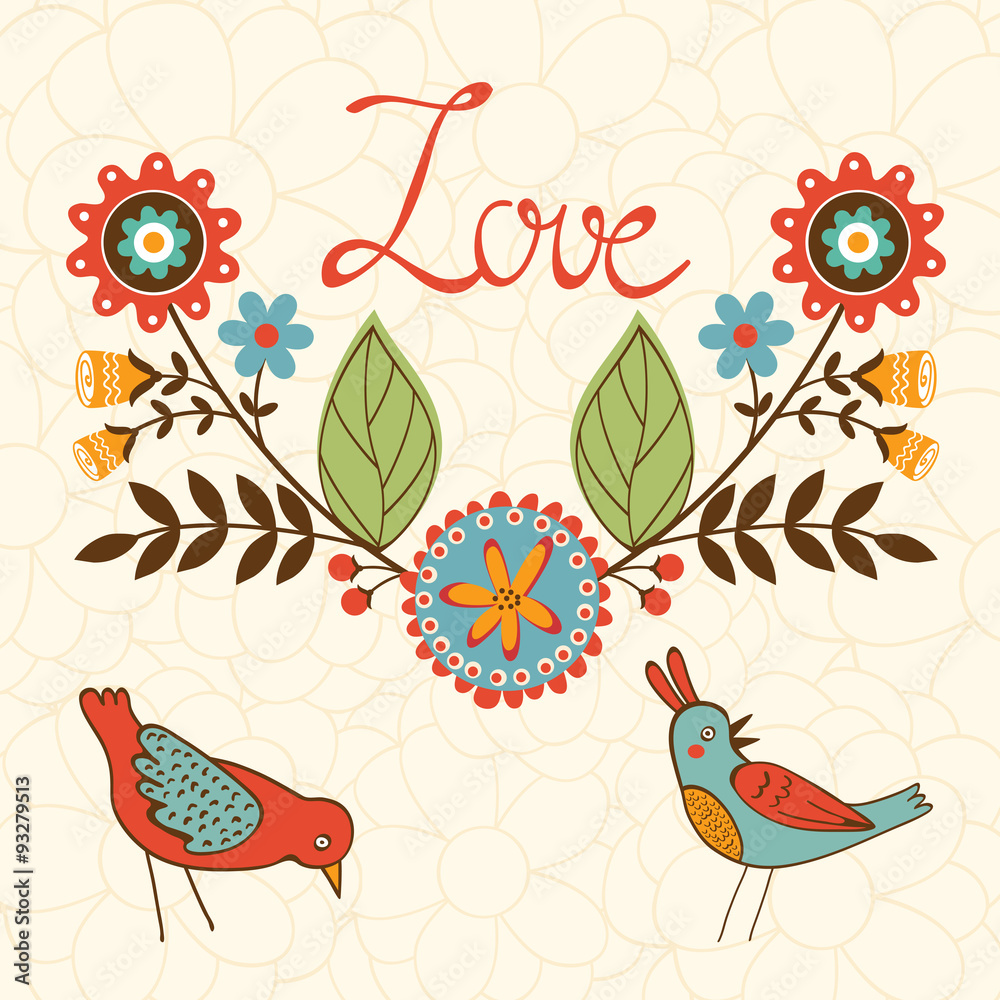Elegant love card with birds and floral wreath Elegant love card with birds and floral wreath