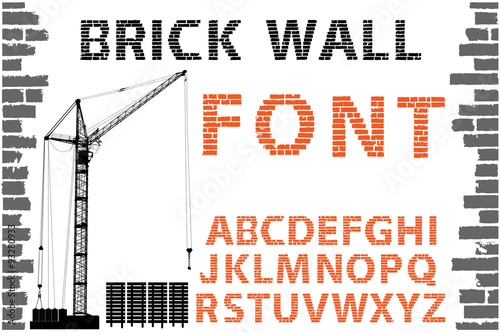 Orange decorative brick wall style font on building set white background. Vector illustration