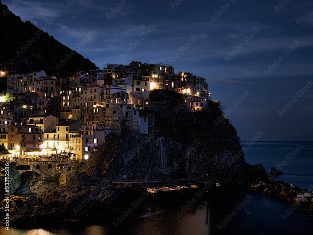 Manarola, Cinque Terre, by night. Tourist destination and heritage site. Italy.