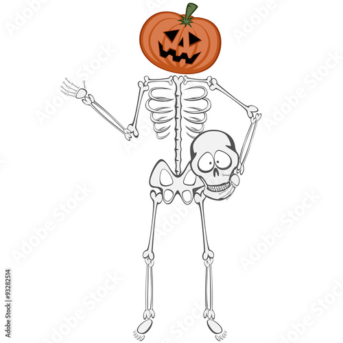 Skeleton Buddy - A funny skeleton mascot standing and holding his head (pumpkin on neck)
