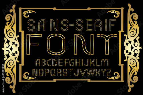 Golden sans-serif modern font on gold vintage frame background. Vector illustration