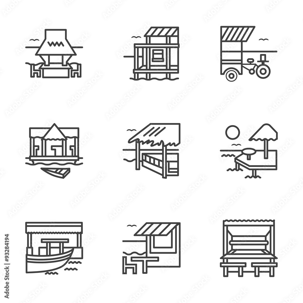 Flat line bungalow vector icons