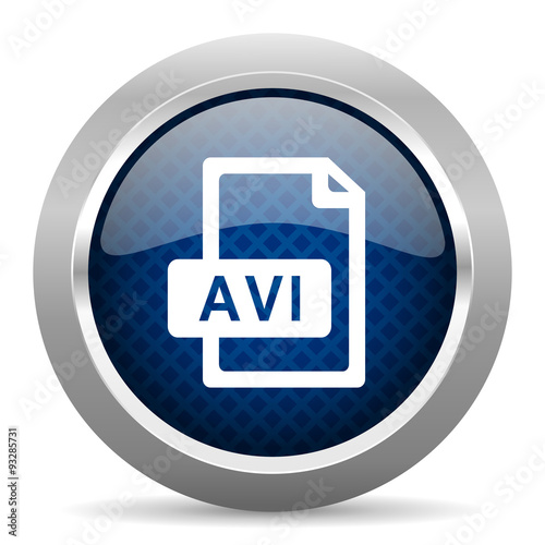 avi file blue circle glossy web icon on white background, round button for internet and mobile app