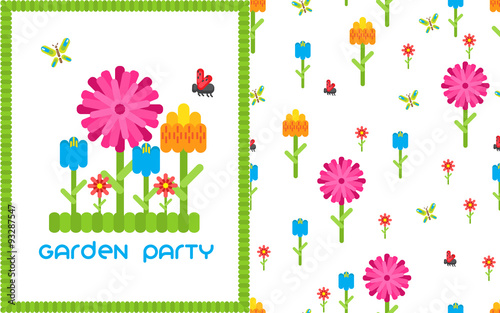 Garden flower party vector card template.