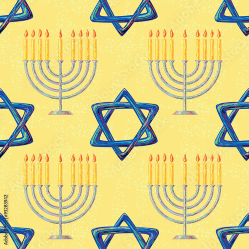 Hanukkah seamless pattern with holiday symbols - menorah, candles and David Star. Vector background for wallpaper, decoration, wrapping paper, greeting card with Jewish Light Festival
