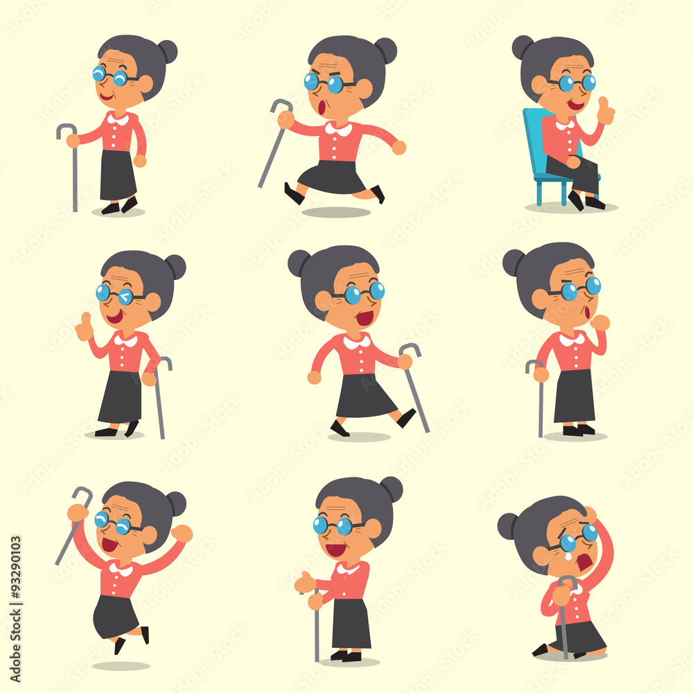 Cartoon old woman character poses on yellow background