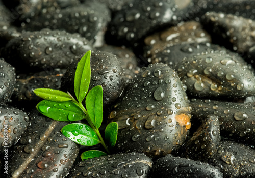 Canvas Print beautiful spa concept of green leaf on zen basalt stones