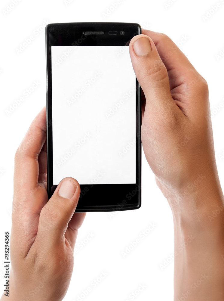 Human hand holding blank mobile smart phone isolated on white ba