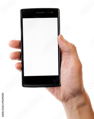 Human hand holding blank mobile smart phone isolated on white ba