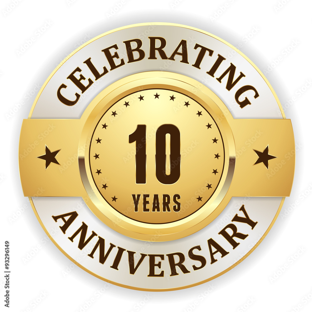 Gold celebrating 10 years, anniversary badge with white border
