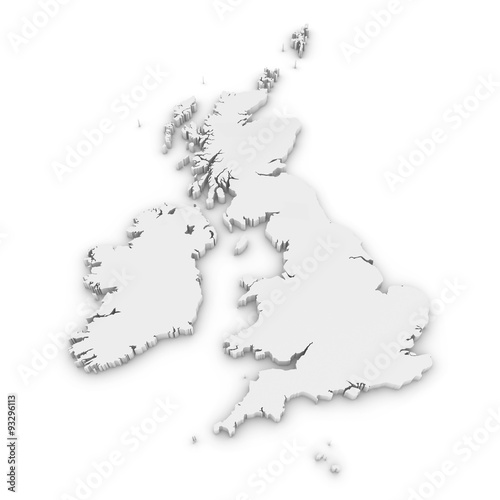 White 3D Outline of the United Kingdom and Ireland Isolated on White