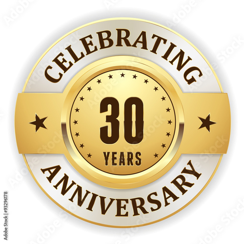 Gold celebrating 30 years, anniversary badge with white border