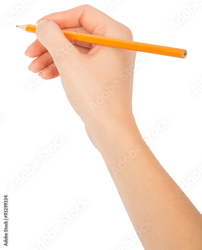 Humans hand holding pencil, top view