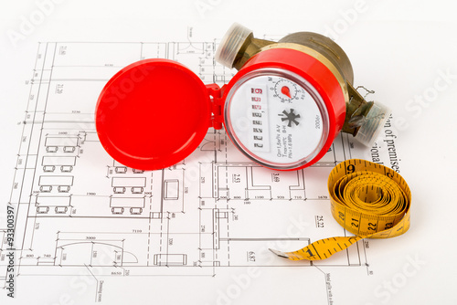 Red water meter with tape-measure 