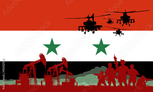 Men with rifle against Flag of Syria