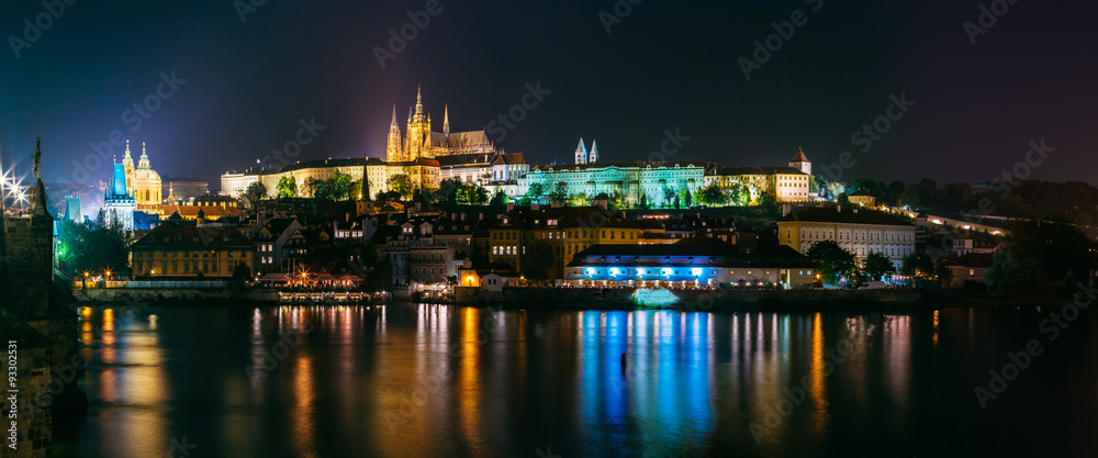 Night panoramic view of Prague cityscape, Czech Republic