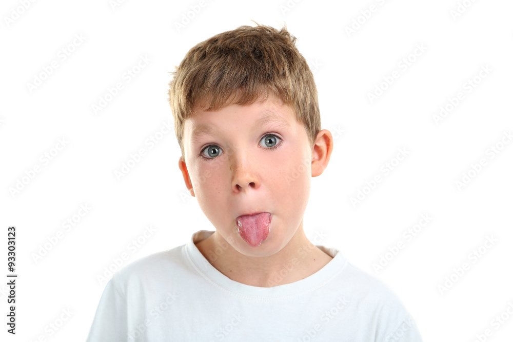 Portrait of happy little boy on white background