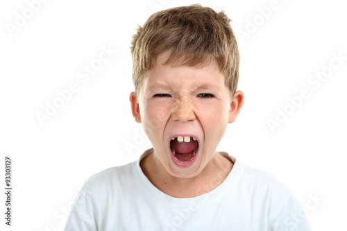 Portrait of emotional little boy on white background