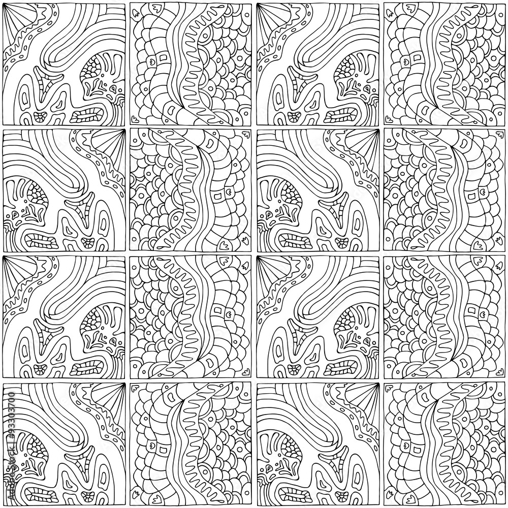 black and white seamless abstract geometric pattern of squares in a zentangle style, done by hand