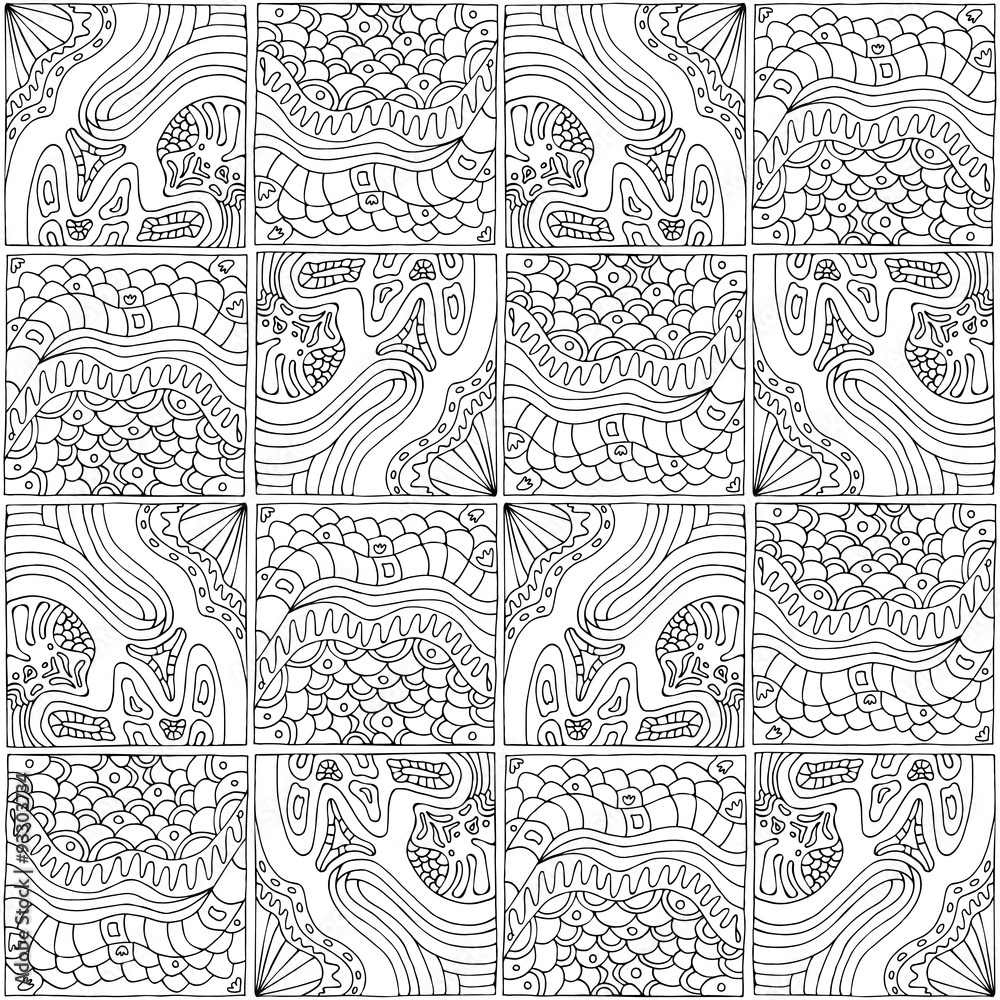 black and white seamless abstract geometric pattern of squares in a zentangle style, done by hand