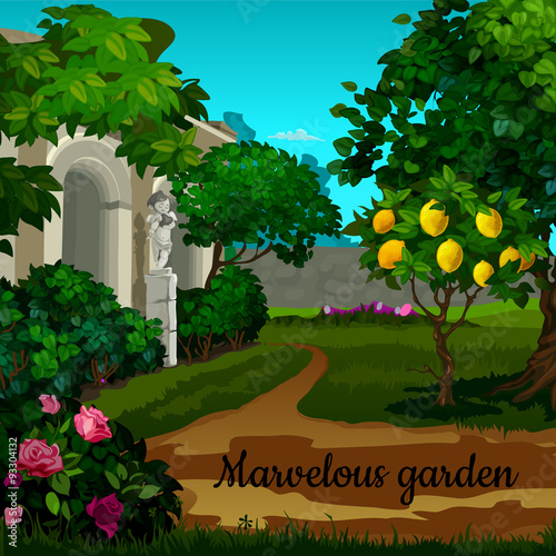 Magic garden with citrus tree and statuett