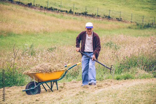 Senior man raking hay with pitchfork on field