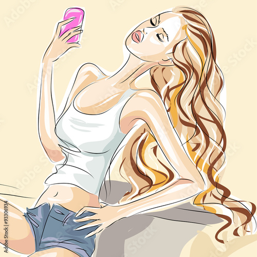 Selfie pretty fashion girl make duck face, and take a self portrait with her smart phone