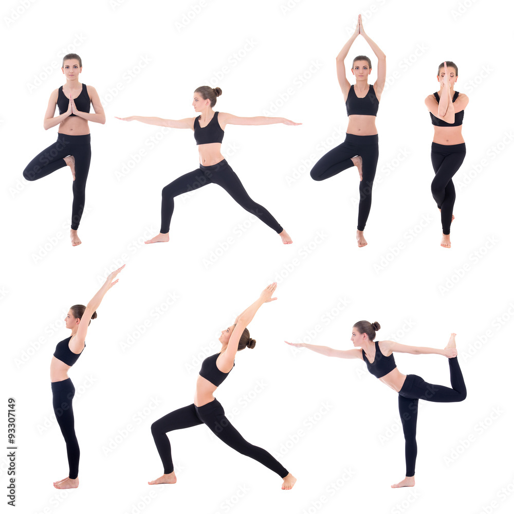 collection of beautiful woman doing yoga isolated on white