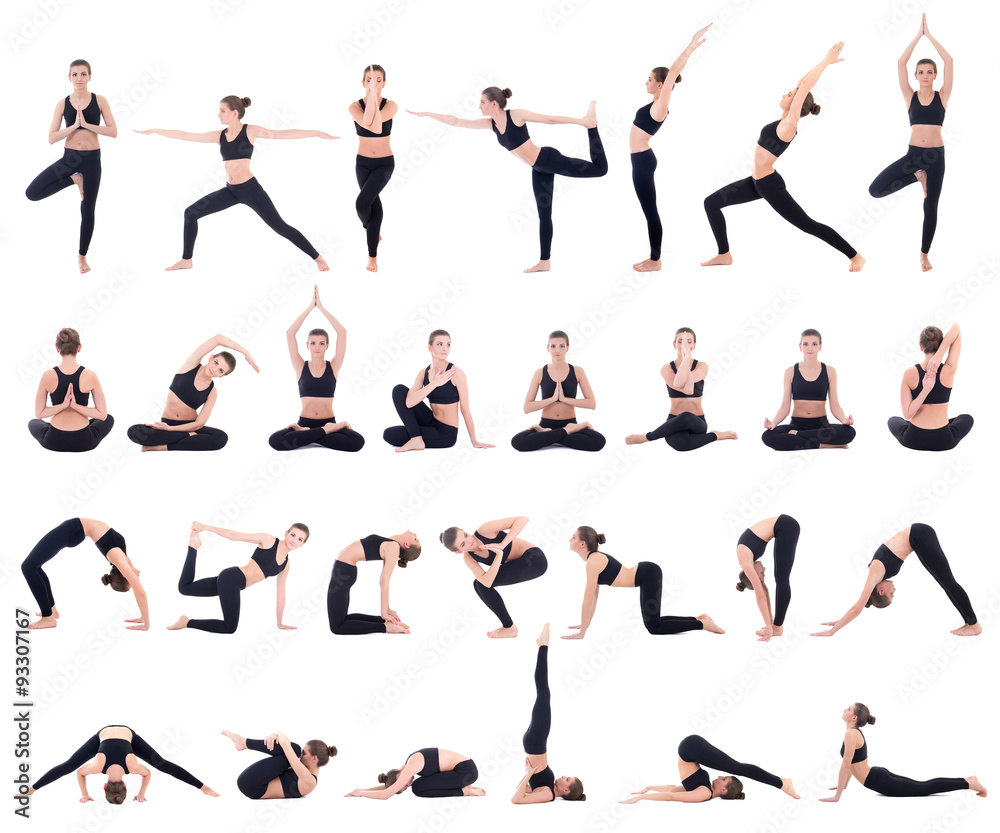 Set of girls in different yoga poses isolated on white background, flat  vector 6719312 Vector Art at Vecteezy