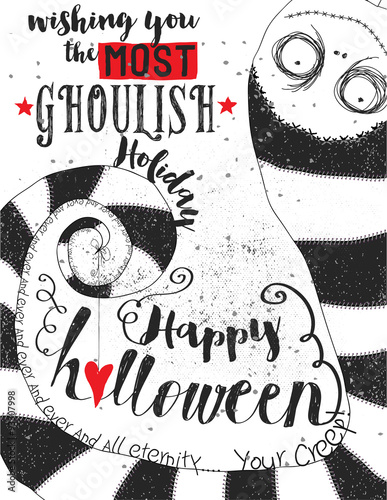 Ghoulish Halloween Greeting - Halloween poster with a cute upside-down ghoul in a huge striped hat. Hand drawn and hand written black and white illustration featuring vintage typography