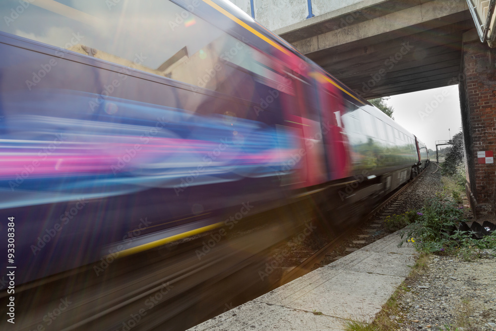 Fototapeta premium Train speeding in blur under bridge
