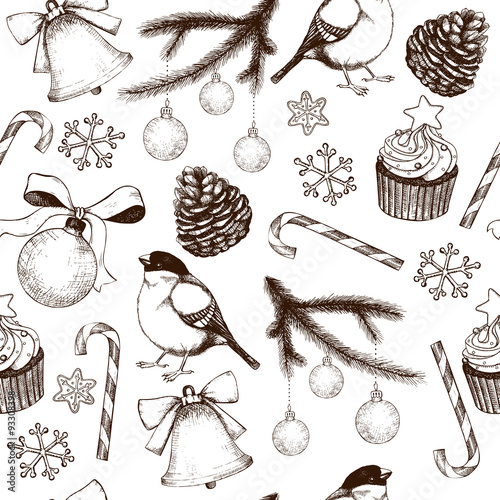 Vector seamless pattern with ink hand drawn Christmas and New year's elements and illustrations  