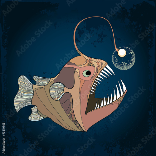Angler fish or monkfish with lantern on the textured dark background. Lophius piscatorius.