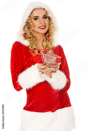 Santa woman holding a small trolley
