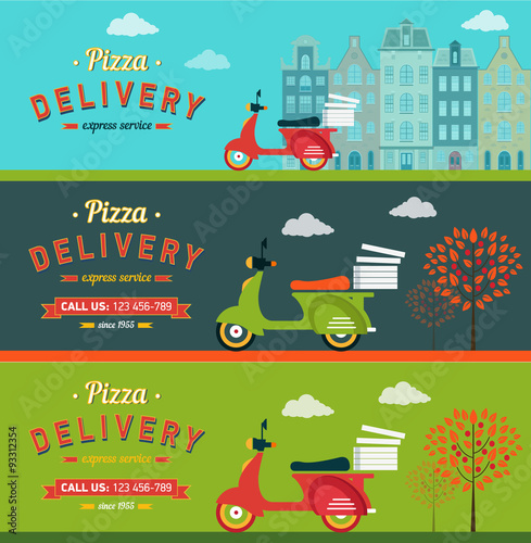 Fast food and pizza delivery banners set flat illustration