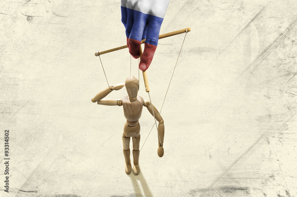 Naklejka premium Hand painted in the colors of the Russian flag manipulates puppet on paper background
