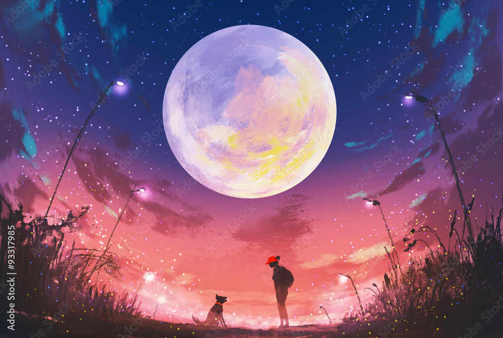 Fototapeta premium young woman with dog at beautiful night with huge moon above,illustration painting