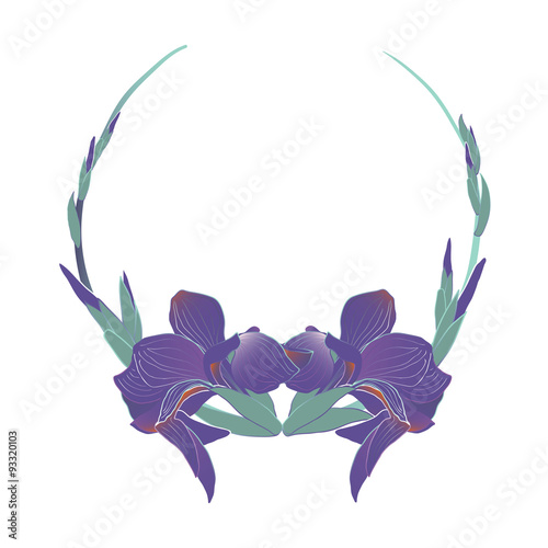 Blooming and budding iris flowers wreath