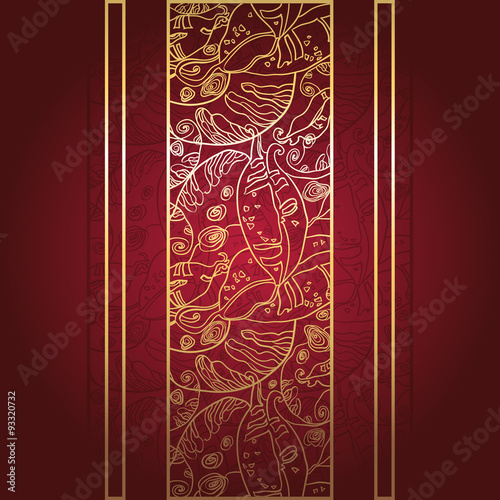 Golden lace ornament on deep red background. 