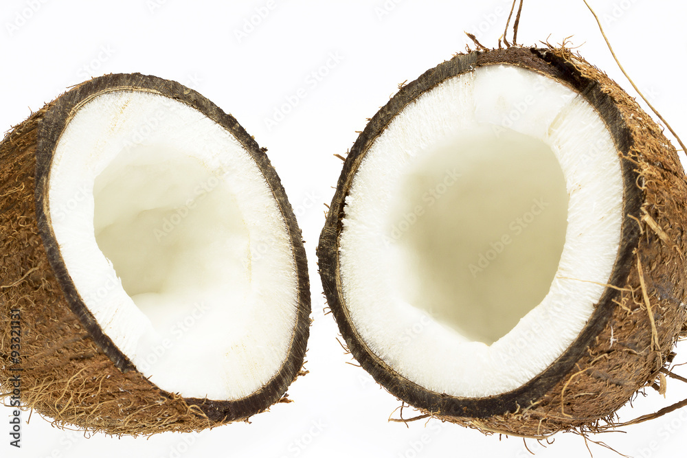 half of coconut with white core isolated on white background