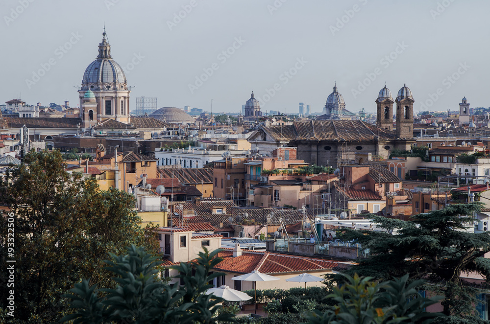 Panoramic cityscape view of central Rome in the sunset seen from Pincio.