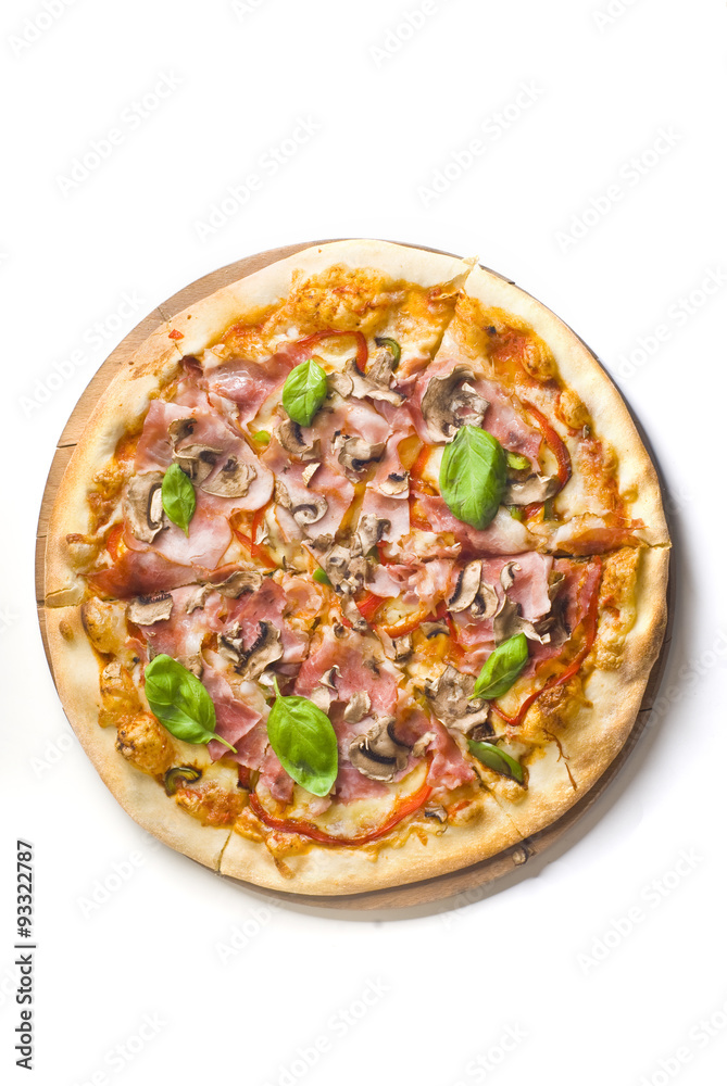 Pizza capricciosa with ham and mushrooms on white background